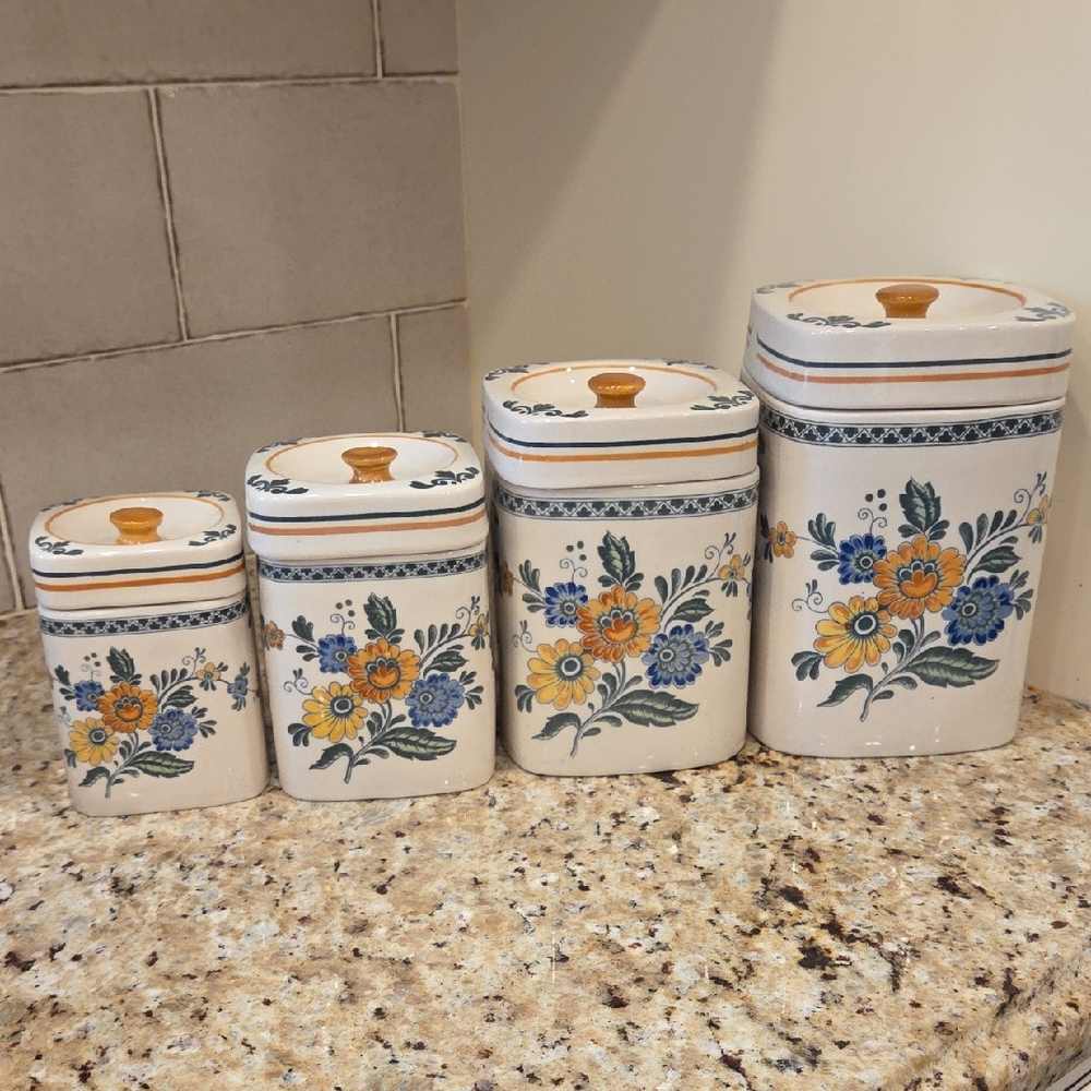 Floral Ceramic Canister Set - Cream and Blue Daewear New Jersey